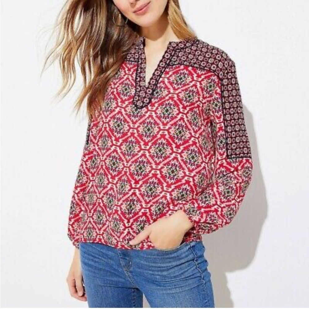 Nwt Loft Mixed Mosaic Split Neck Blouse